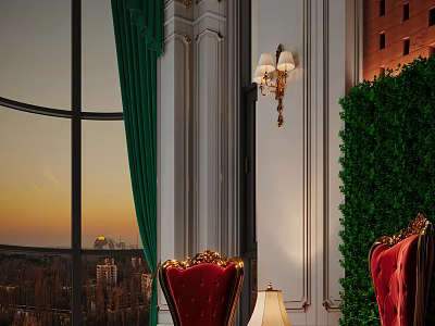 Leisure Sofa Set With Red Velvet Armchairs Green Curtains And City Sunset View 3d model