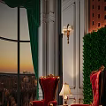Leisure Sofa Set With Red Velvet Armchairs Green Curtains And City Sunset View