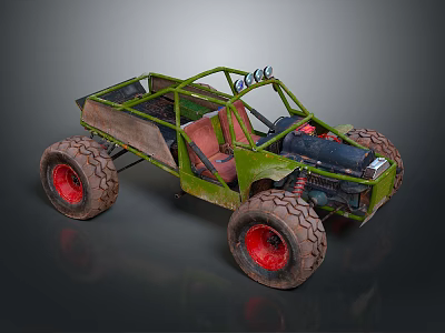 Green Off-Road Car With Roll Cage Exposed Engine Large Tires And Red Rims 3d model