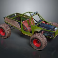Green Off-Road Car With Roll Cage Exposed Engine Large Tires And Red Rims