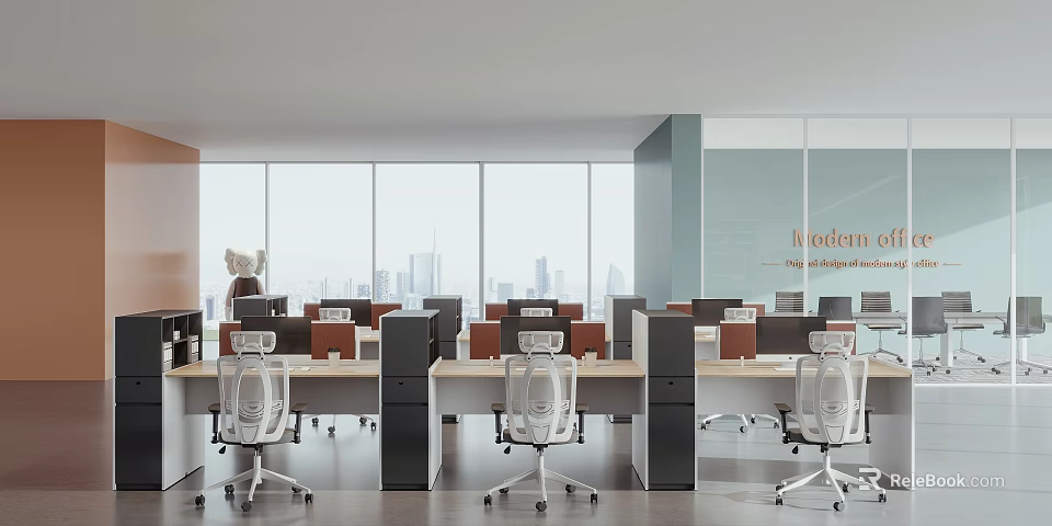 Modern Open Concept Public Office Space With Large Windows City View Desks And Office Chairs 3d model 