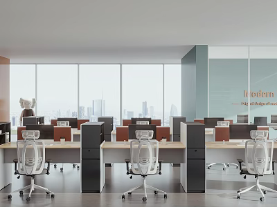 Modern Open Concept Public Office Space With Large Windows City View Desks And Office Chairs 3d model