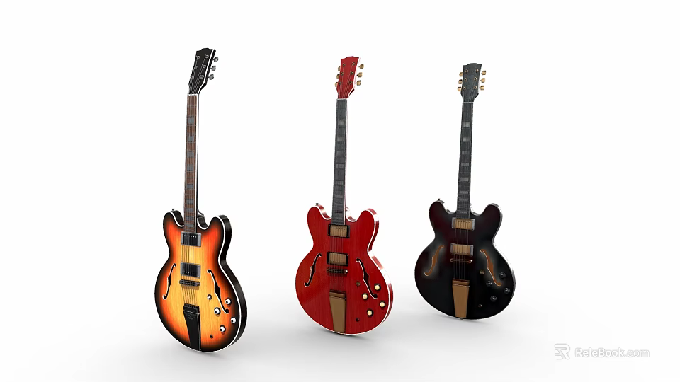 Colorful Acoustic Guitars Collection With Three Different Colored Musical Instruments 3d model 