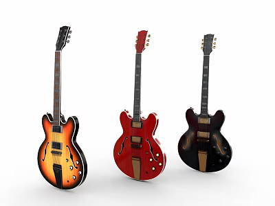 Colorful Acoustic Guitars Collection With Three Different Colored Musical Instruments 3d model