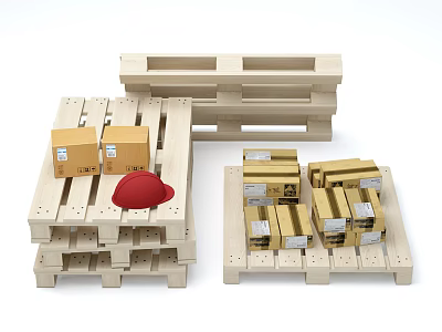Adorable Stuffed Doll Sitting On Wooden Pallet With Cardboard Boxes And Red Hat 3d model