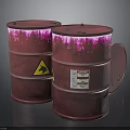 Red Shiny Industrial Barrels With Hazard Symbols And Warning Labels