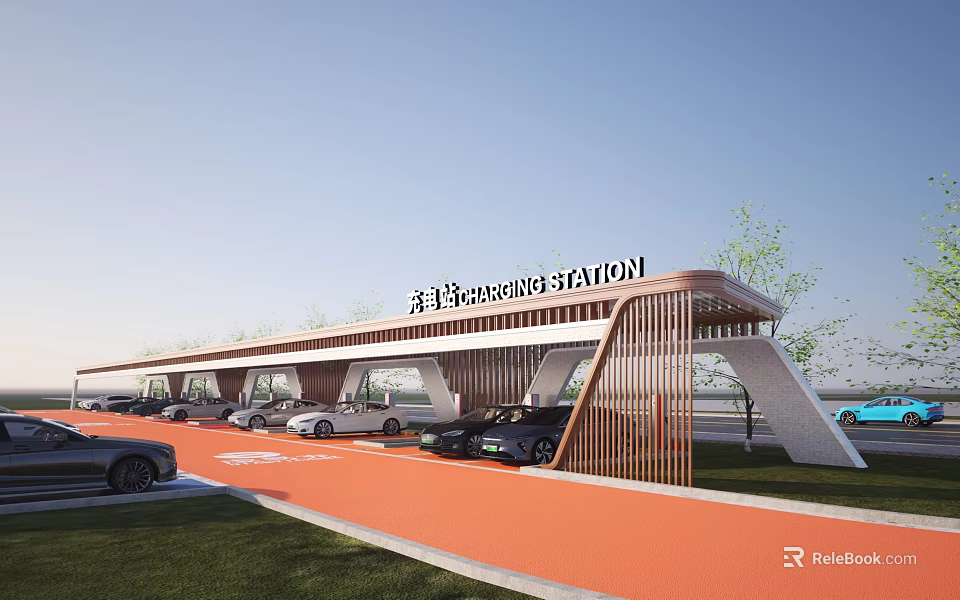 Cars Parked at Modern Charging Station with Covered Structure and Orange Path 3d model 