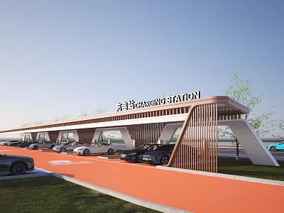 Cars Parked at Modern Charging Station with Covered Structure and Orange Path 3d model