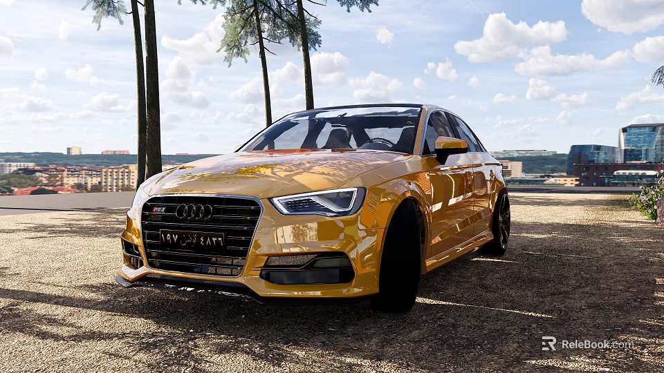 Golden Audi Sedan Parked Outdoors With Trees And Clear Sky 3d model 