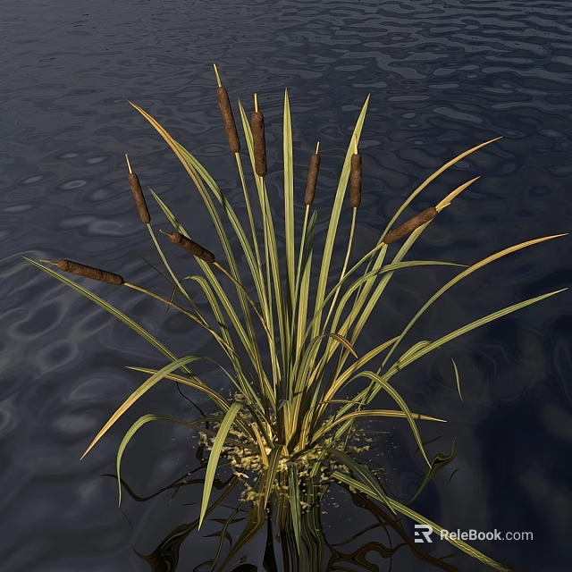 Natural Style Decorative Ornament Set With Cattail Plants And Long Green Leaves In Water 3d model 