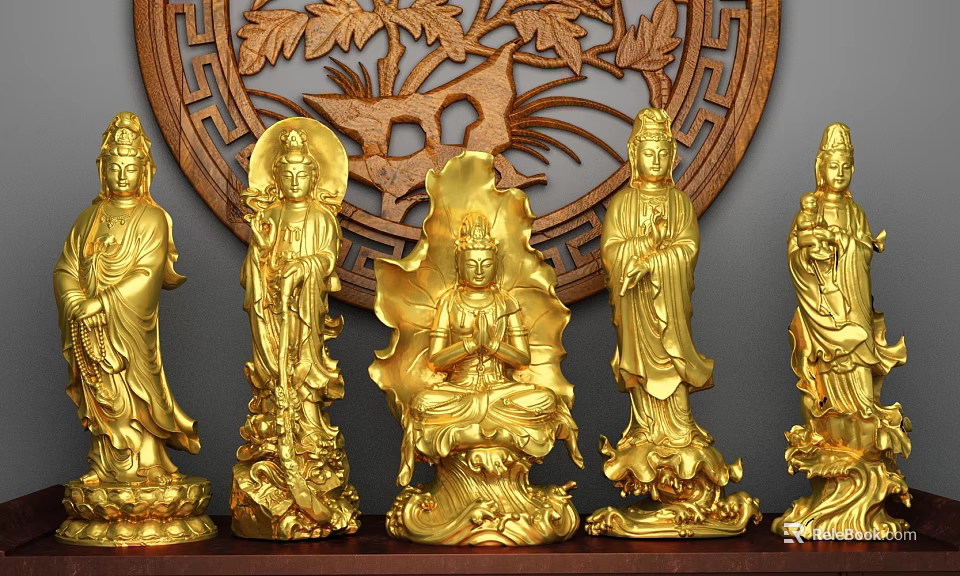Golden Buddha and Bodhisattva Sculptures With Intricate Floral Animal Motifs And Wooden Carved Backdrop 3d model 
