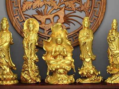 Golden Buddha and Bodhisattva Sculptures With Intricate Floral Animal Motifs And Wooden Carved Backdrop 3d model