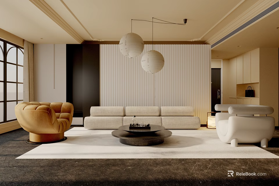 Elegant Modern Living Room Interior With Sofa Armchair And Hanging Lamps 3d model 