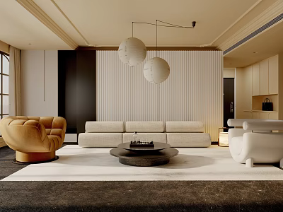 Elegant Modern Living Room Interior With Sofa Armchair And Hanging Lamps 3d model