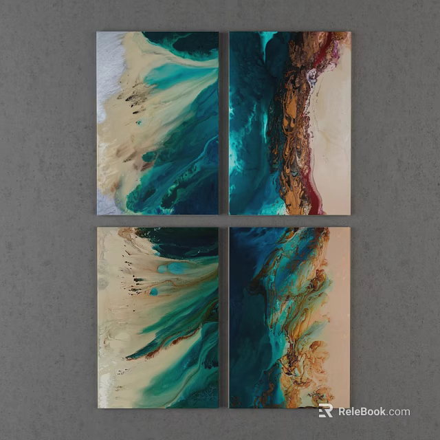 Four Panel Abstract Painting With Blue Green Beige Brown Red Flowing Colors Modern Wall Decor 3d model 