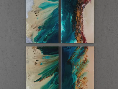 Four Panel Abstract Painting With Blue Green Beige Brown Red Flowing Colors Modern Wall Decor 3d model