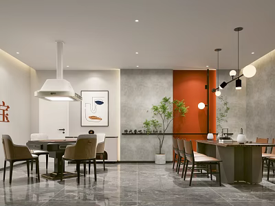 Modern Hotel Mahjong Room Interior With Comfortable Tables Chairs Pendant Lights And Green Plants 3d model