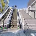 Automatic Outdoor Escalator By Modern Building With Pedestrians And Metal Railings