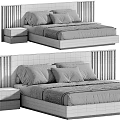 Modern Double Bed With Wooden Slat Headboard Nightstand White Sheets And Gray Pillows