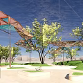 Outdoor Pergola With Colorful Geometric Glass Roof And Green Grass Trees Under Blue Sky