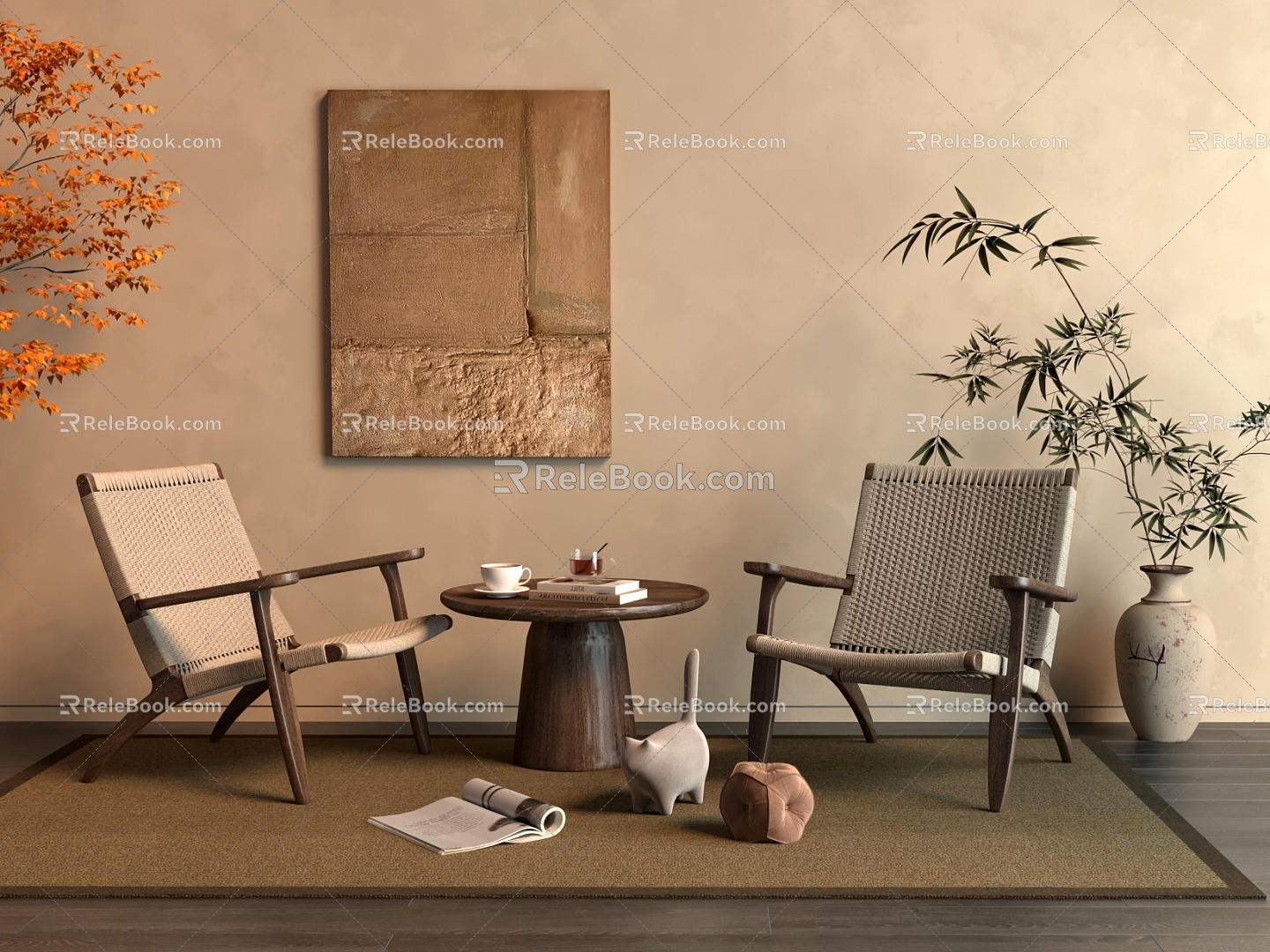 Quiet Style Leisure Chair Tea Table Hanging Paintings 3d model