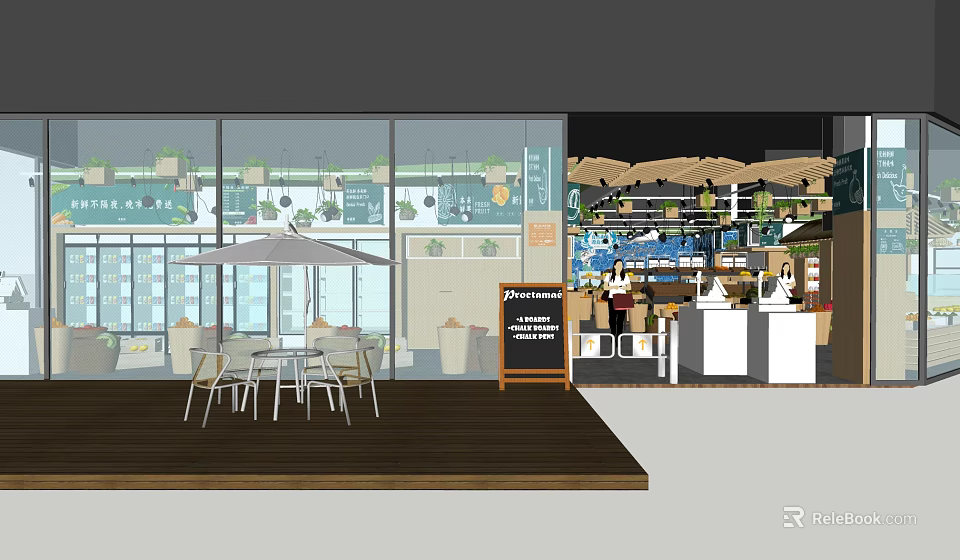 Supermarket Department Store With Outdoor Seating Umbrella Tables And Indoor Shelves Displaying Products 3d model 