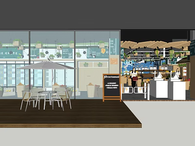 Supermarket Department Store With Outdoor Seating Umbrella Tables And Indoor Shelves Displaying Products 3d model