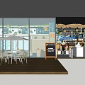 Supermarket Department Store With Outdoor Seating Umbrella Tables And Indoor Shelves Displaying Products