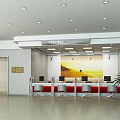 Modern Bank Lobby With Service Counter Multiple Computers Red Seats Wall Painting And Green Plants