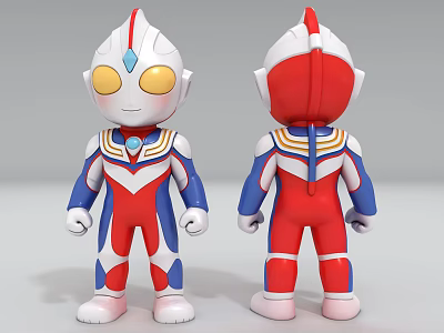 Chibi Ultraman Character Red White Blue Costume Design Front Back View Cartoon Style Toy Figure 3d model