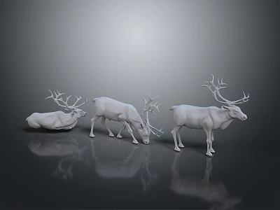 Three White Deer With Large Antlers On Gray Background And Ground Reflections 3d model