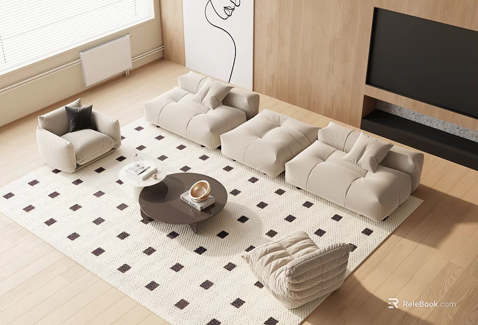 Modern Beige Sofa And Coffee Table Set In Living Room With Black White Checkered Rug 3d model 