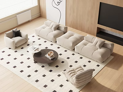 Modern Beige Sofa And Coffee Table Set In Living Room With Black White Checkered Rug 3d model
