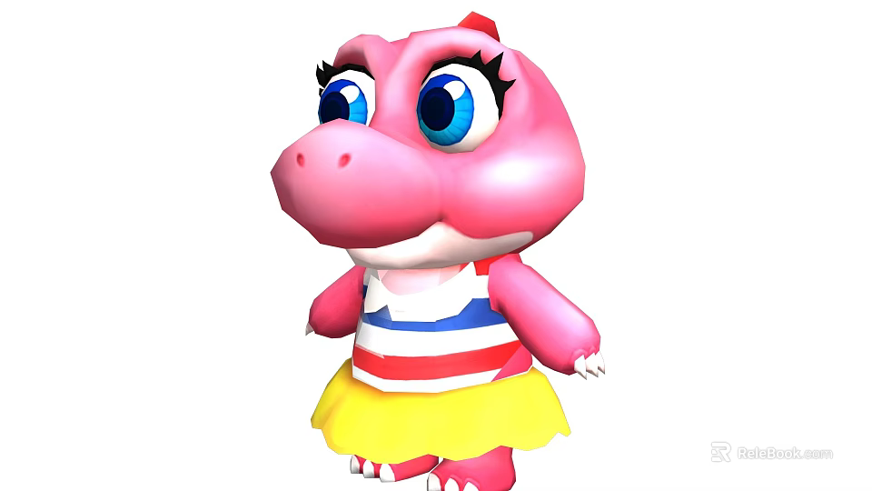 Cute Pink Cartoon Dinosaur With Big Blue Eyes And Striped Top Yellow Skirt 3d model 