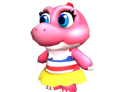 Cute Pink Cartoon Dinosaur With Big Blue Eyes And Striped Top Yellow Skirt 3d model