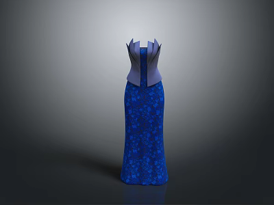 Elegant Blue Long Dress With Floral Pattern And Fitted Bodice 3d model