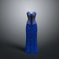 Elegant Blue Long Dress With Floral Pattern And Fitted Bodice
