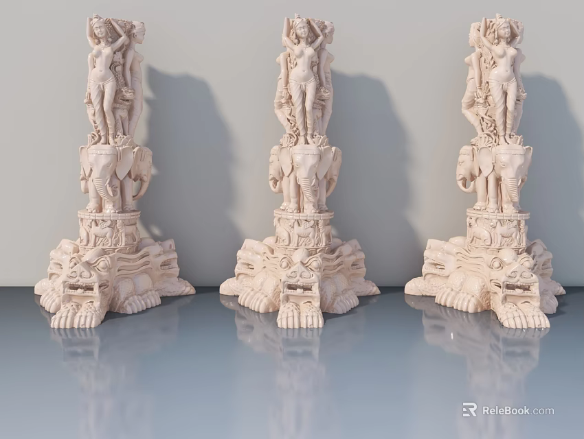 Carved Ivory White Panel Door Featuring Elephant Motif And Female Statue Decorations 3d model 