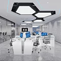 Modern Public Office Space With White Desks Black Chairs And Hexagonal Ceiling Lights