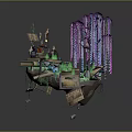 Whimsical Fantasy Landscape With Purple Hanging Vines Wooden Platform Books And Green Moss