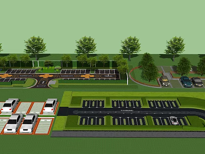 Green Parking Lot Layout Design With Multiple Spaces Vehicles Roads And Trees 3d model