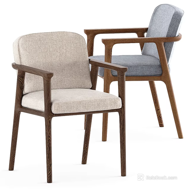 Modern Simple Style Dining Chairs With Wooden Frames And Beige Gray Upholstered Seats 3d model 