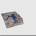 3D Terrain Model Featuring Brown Yellow Land Blue Water Areas And Linear Paths