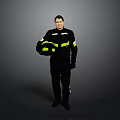 Rescue Worker In Black Uniform With Yellow Reflective Stripes Holding Helmet And Rescue Dog
