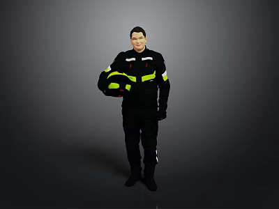 Rescue Worker In Black Uniform With Yellow Reflective Stripes Holding Helmet And Rescue Dog 3d model