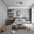 Modern Kids Bedroom With Toys Study Desk And Large Window