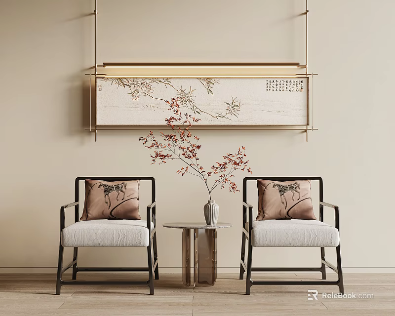 Stylish Single Sofas With Black Frame Cream Cushion Patterned Pillows And Red Floral Vase 3d model 