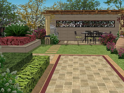 Elegant Courtyard Garden with Tiled Pathway Lush Greenery Pavilion Dining Table and Chairs 3d model
