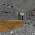 Modern Office Interior with Open Space Desks Computers Wooden Bookshelf Magazines Plants and Large Windows