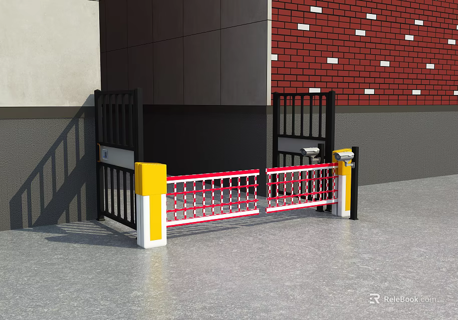 Public Facility Gate With Black Metal Gates Yellow White Pillars And Red White Railings 3d model 